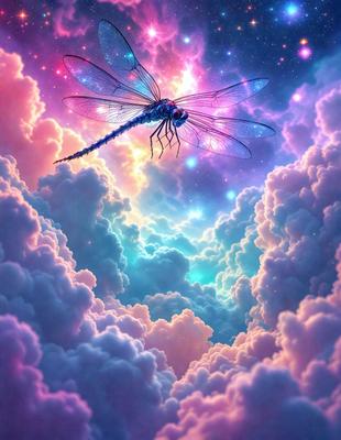 Primary subject: A dragonfly flying through a colorful, cloudy sky.

Setting/background: The sky is filled with clouds, creating a vibrant and lively atmosphere.

Visual style: The image is a digital art piece, featuring a dragonfly as the main subject.

Colors and mood: The colors in the image are predominantly pink, purple, and blue, creating a dreamy and whimsical mood.