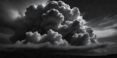 The primary subject of the image is a large, dark cloud with a dramatic, stormy appearance. The cloud is the main focus of the image, and it is set against a black background. The visual style of the image is a photo, capturing the cloud's dramatic presence in the sky. The colors and mood of the image are dark and intense, with the cloud looming over the landscape.
