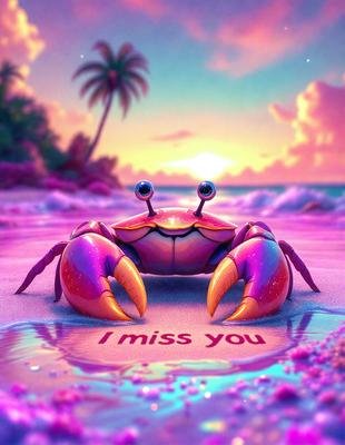 The primary subject of the image is a crab, which is the main object, scene, or focus of the image. The crab is sitting on a beach, with a pink and purple sky in the background. The visual style of the image is digital art, as it is a colorful and artistic representation of a crab on a beach. The colors and mood of the image are vibrant and cheerful, with the pink and purple sky creating a warm and inviting atmosphere.