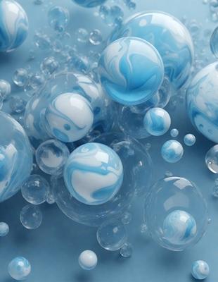 The primary subject of the image is a collection of blue and white bubbles floating in a blue background. The setting appears to be a blue surface, possibly a wall or a background. The visual style of the image is a close-up of the bubbles, showcasing their unique shapes and patterns. The colors and mood of the image are predominantly blue, creating a calm and soothing atmosphere.