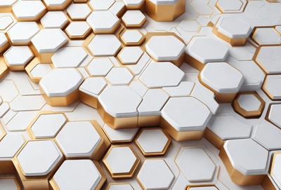 The primary subject of the image is a pattern of hexagonal shapes, which are arranged in a honeycomb-like structure. The setting is a white background, which provides a clean and minimalist appearance. The visual style is a combination of digital art and illustration, creating a unique and intricate design. The dominant colors are white and gold, giving the pattern a warm and elegant feel.