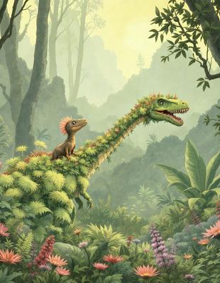 The primary subject of the image is a dinosaur, specifically a large green plant-like dinosaur with a small dinosaur, possibly a baby, sitting on its back. The setting is a lush green forest with trees and plants surrounding the dinosaurs. The visual style is a digital art or illustration, creating a vibrant and colorful scene. The dominant colors are green and brown, giving the image a natural and serene atmosphere.