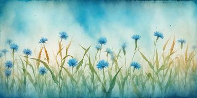 The primary subject of the image is a field of blue flowers, with a total of six flowers visible. The setting is a grassy field, and the visual style is a painting or drawing. The colors and mood of the image are predominantly blue, creating a serene and peaceful atmosphere.