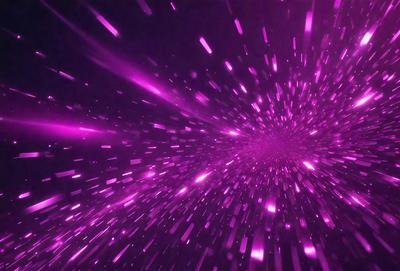 The primary subject of the image is a purple light streak or blur, which appears to be a purple lightning bolt. The setting is a dark background, which contrasts with the bright purple light. The visual style is a combination of a photo and digital art, as the purple light streak is captured in a photo-like manner, while the overall atmosphere is vibrant and energetic.