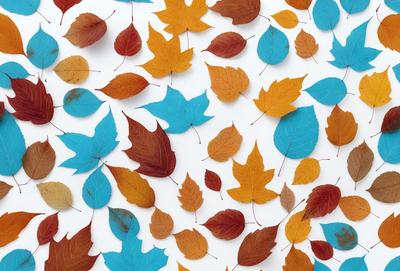 The primary subject of the image is a collection of leaves, which are arranged in various shapes and sizes. The leaves are predominantly orange and blue, creating a vibrant and colorful display. The setting is a white background, which provides a clean and uncluttered backdrop for the leaves. The visual style of the image is a combination of photo and digital art, as the leaves are arranged in a pattern that resembles a painting. The overall atmosphere of the image is lively and cheerful, with the bright colors
