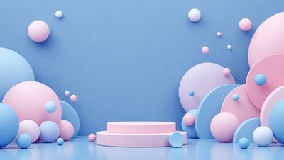 The primary subject of the image is a pink and blue sphere, which is placed on a blue surface. The setting appears to be a room with a blue wall, and the visual style is a combination of photo and digital art. The colors and mood of the image are predominantly pink and blue, creating a calm and serene atmosphere.
