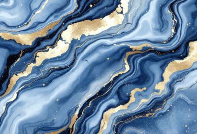 The primary subject of the image is a blue and gold marbled stone, which appears to be a piece of art or a decorative item. The setting is a blue and gold marbled stone surface, which adds to the visual style of the image. The colors and mood of the image are predominantly blue and gold, creating a sense of luxury and elegance.