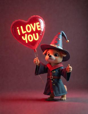 The primary subject of the image is a small stuffed dog dressed in a wizard's costume, holding a heart-shaped balloon. The setting is a dark room, and the visual style appears to be a digital illustration. The colors and mood of the image are predominantly dark, with the stuffed dog and balloon being the main focus.