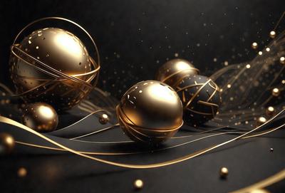 The primary subject of the image is a collection of gold and black spheres, which are arranged in a visually appealing manner. The setting is a black background, which contrasts with the gold and black spheres, creating a striking visual effect. The visual style of the image is a combination of digital art and illustration, with the gold and black spheres appearing as if they are floating in the air. The colors and mood of the image are predominantly gold and black, giving it a luxurious and elegant appearance.