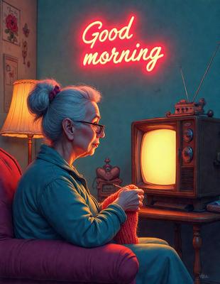 The primary subject of the image is an older woman sitting in a chair, knitting a red sweater. She is wearing a blue shirt and glasses. The setting is a room with a TV in the background, and a couch nearby. The visual style is a digital art, and the colors and mood are warm and cozy.