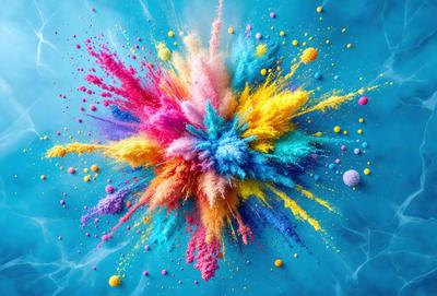 The primary subject of the image is a colorful, abstract explosion of paint, which appears to be a digital art or illustration. The setting is a blue background, which adds to the vibrant and lively atmosphere of the scene. The visual style is a mix of colors and patterns, creating a dynamic and engaging composition. The dominant colors include shades of pink, yellow, and blue, which contribute to the overall mood of the image.