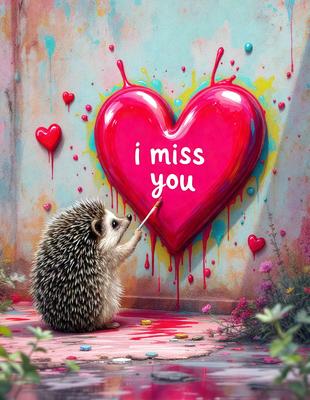 Primary subject: A cute hedgehog painting a heart on a wall.

Setting/background: The heart is painted on a wall, and there are flowers in the background.

Visual style: The image is a digital artwork.

Colors and mood: The heart is painted in red, and the overall atmosphere is warm and inviting.