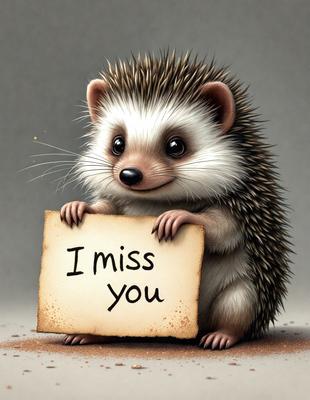 The primary subject of the image is a cute hedgehog holding a sign that says "I miss you." The setting is a sandy surface, and the visual style is a digital art illustration. The dominant colors are brown and white, creating a warm and friendly atmosphere.