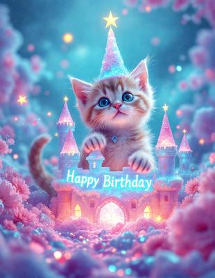 The primary subject of the image is a small kitten wearing a birthday hat. The setting is a pink and purple castle, which serves as the backdrop for the scene. The visual style is a digital art illustration, creating a whimsical and playful atmosphere. The dominant colors are pink and purple, which are prevalent throughout the image, including the kitten's hat and the castle's walls.