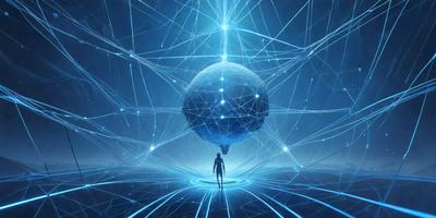 The primary subject of the image is a person standing in a blue, geometric, and abstract environment. The setting appears to be a futuristic or space-themed scene, with a large, blue, and glowing sphere in the background. The visual style of the image is digital art, as it features a combination of geometric shapes and a futuristic atmosphere. The colors and mood of the image are predominantly blue, creating a sense of calmness and tranquility.