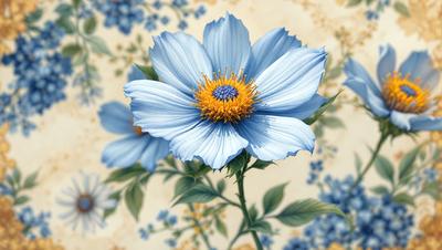 The primary subject of the image is a blue flower with a yellow center, sitting on a blue and white background. The visual style of the image is a close-up of the flower, with a focus on its details. The colors and mood of the image are predominantly blue and white, creating a calm and serene atmosphere.