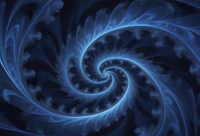 The primary subject of the image is a blue spiral pattern, which appears to be a digital art or illustration. The setting is a dark blue background, creating a contrasting and visually striking scene. The visual style is a combination of digital art and illustration, giving the image a unique and artistic appearance. The dominant colors are blue and black, creating a calm and serene atmosphere.