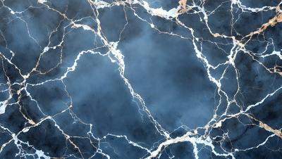 The primary subject of the image is a blue marble countertop with a pattern of white and gold veins. The setting is a kitchen, and the visual style is a close-up of the marble countertop. The colors and mood of the image are predominantly blue and gold, creating a luxurious and elegant atmosphere.