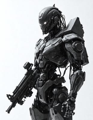 The primary subject of the image is a robot with a gun. The robot is the main focus of the image, and it is positioned in a setting with a white background. The visual style of the image is digital art, as it appears to be a 3D model of the robot. The colors and mood of the image are dark and futuristic, with the robot's design and the gun it holds contributing to the overall atmosphere.