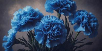 The primary subject of the image is a bouquet of blue flowers, which are the main focus of the scene. The flowers are arranged in a vase, creating a visually appealing display. The setting is a room with a wall, and the visual style is a photo. The dominant colors in the image are blue, which gives the flowers a calming and serene appearance.