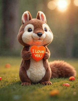 The primary subject of the image is a stuffed animal, specifically a teddy bear, holding a heart. The setting is a grassy field, and the visual style appears to be a photo. The colors are predominantly brown and orange, giving the scene a warm and cozy atmosphere.