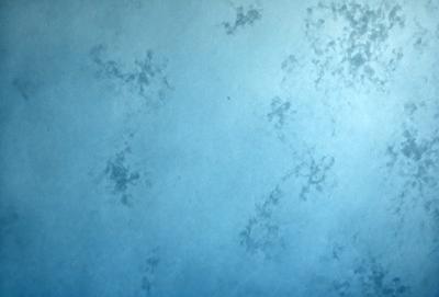 The primary subject of the image is a blue wall with a pattern of white dots. The setting is a room with a blue wall, and the visual style is a photo. The dominant colors are blue and white, creating a calm and soothing atmosphere.