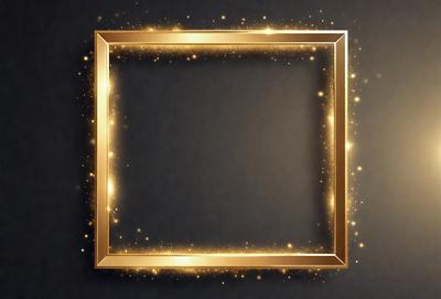 The primary subject of the image is a gold frame with a black background. The frame is adorned with glittering gold stars, giving it a shiny and eye-catching appearance. The visual style of the image is a combination of digital art and illustration, creating a unique and artistic presentation. The colors and mood of the image are predominantly black and gold, with the gold stars adding a touch of brightness and elegance to the overall atmosphere.