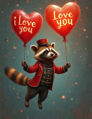 The primary subject of the image is a cartoon-like raccoon dressed in a red jacket and holding two red balloons. The setting is a blue background, and the visual style is a digital art illustration. The colors and mood of the image are vibrant and cheerful, with the red balloons and raccoon's outfit adding a playful and fun atmosphere.