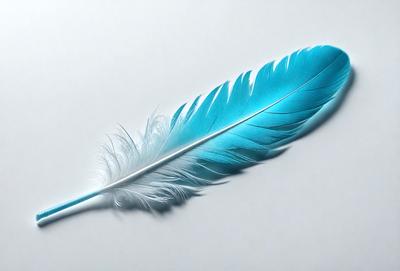 The primary subject of the image is a blue feather, which is the main object, scene, or focus of the image. The setting is a white background, which provides a clean and uncluttered environment for the feather. The visual style is a close-up of the feather, showcasing its details and texture. The colors and mood of the image are predominantly blue, giving it a calm and serene atmosphere.