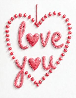 The primary subject of the image is a heart-shaped sign that says "I Love You." The heart is made of red beads, and the sign is displayed on a white surface. The visual style of the image is a combination of digital art and illustration, creating a unique and eye-catching design. The colors and mood of the image are predominantly red and warm, conveying a sense of love and affection.