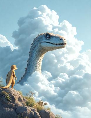 The primary subject of the image is a large, blue, long-necked dinosaur, possibly a sauropod, standing on a rocky hill. The setting is a cloudy sky, which adds to the overall atmosphere of the scene. The visual style of the image is digital art, as it appears to be a computer-generated or digitally painted illustration. The colors and mood of the image are predominantly blue and cloudy, creating a sense of depth and mystery.