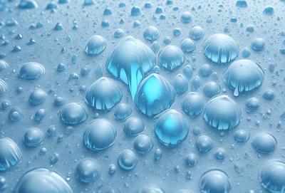 The primary subject of the image is a close-up of a blue, water-like substance, which appears to be a mix of water droplets and a blue substance. The setting is a blue background, which creates a visually striking contrast with the blue substance. The visual style is a combination of a photo and digital art, as the blue substance appears to be digitally manipulated. The colors and mood of the image are predominantly blue, creating a serene and calming atmosphere.