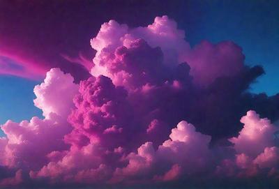 The primary subject of the image is a large, pink cloud with purple and white accents. The cloud is floating in a blue sky, creating a vibrant and colorful scene. The visual style of the image is a combination of photo and digital art, as it captures the beauty of the cloud in a unique and artistic manner. The dominant colors of the image are pink, purple, and white, creating a warm and inviting atmosphere.