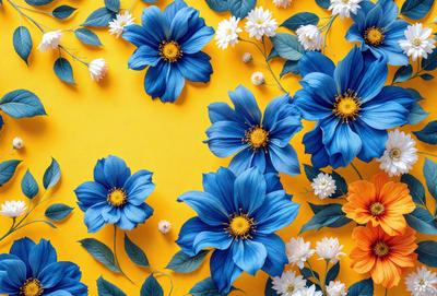 The primary subject of the image is a close-up of a flower, which is blue and white. The setting is a yellow background, which creates a vibrant contrast with the blue and white flower. The visual style is a combination of photo and digital art, as the flower appears to be a real photograph with a digital art background. The dominant colors are blue and white, creating a calm and serene atmosphere.