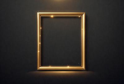 The primary subject of the image is a gold frame with a black background. The frame is illuminated by a light source, creating a warm and inviting atmosphere. The visual style of the image is a combination of photo and digital art, as it appears to be a photograph of a digital art piece. The colors and mood of the image are predominantly black and gold, giving it a sophisticated and elegant appearance.