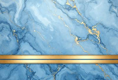 The primary subject of the image is a blue marble wall with gold accents. The setting is a room with a blue marble wall as the main focus. The visual style is a combination of a photo and digital art, creating a unique and eye-catching design. The dominant colors are blue and gold, giving the room a luxurious and elegant atmosphere.