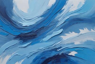 The primary subject of the image is a painting of a blue ocean with waves. The setting is a blue background, and the visual style appears to be a digital art or illustration. The dominant colors in the painting are blue and white, creating a serene and calming atmosphere.