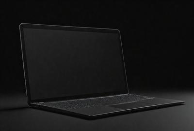 The primary subject of the image is a laptop computer. The laptop is placed on a black surface, which could be a table or a desk. The visual style of the image is a photo, capturing the laptop in a close-up view. The colors and mood of the image are dark and moody, with the laptop being the main focus of the scene.
