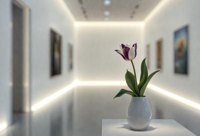 The primary subject of the image is a white vase with a single purple flower in it. The vase is placed on a white table, which is situated in a room with white walls. The setting appears to be a gallery or a room with art displayed on the walls. The visual style of the image is a photo, capturing the beauty of the flower and the simplicity of the white vase. The colors and mood of the image are predominantly white, creating a clean and minimalist atmosphere.