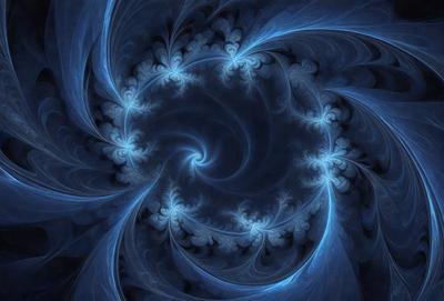 The primary subject of the image is a blue spiral pattern, which is the main object, scene, or focus of the image. The setting or background is a dark blue background, which adds to the overall atmosphere. The visual style of the image is digital art, as it is a digital creation. The dominant colors in the image are blue and black, creating a calm and serene mood.