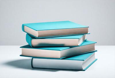 The primary subject of the image is a stack of books. The books are blue and white, and they are arranged in a pile. The setting is a white background, which provides a clean and minimalist appearance. The visual style is a photo, capturing the details and colors of the books. The colors and mood of the image are predominantly white and blue, creating a calm and organized atmosphere.