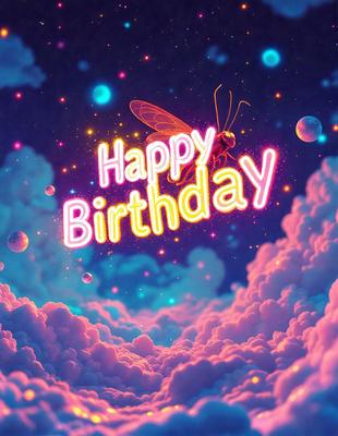 Happy birthday is written in pink letters on a purple background.