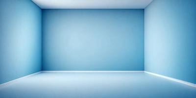 The primary subject of the image is a large, empty room with a blue wall. The setting is a white room with a blue wall, and the visual style is a photo. The colors and mood of the image are predominantly blue, creating a calm and serene atmosphere.