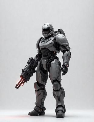 The primary subject of the image is a robot, specifically a silver robot with a gun. The robot is standing in a white room, which serves as the setting for the scene. The visual style of the image is a combination of photo and digital art, creating a futuristic and technological atmosphere. The dominant colors in the image are silver and white, which contribute to the overall mood of the scene.
