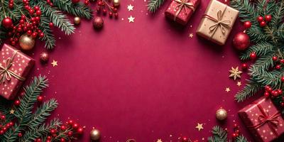 The primary subject of the image is a red background with a star pattern. The setting is a Christmas-themed scene, featuring a red tablecloth with gold stars and a red table. The visual style is a combination of a photo and digital art, creating a festive and warm atmosphere. The dominant colors are red and gold, which are associated with the holiday season.