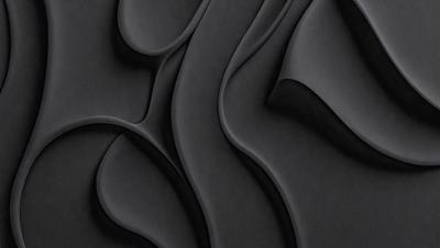 The primary subject of the image is a black, textured wall with a patterned design. The setting is a dark room, and the visual style appears to be a combination of a photo and a digital art or illustration. The dominant colors are black and grey, creating a moody atmosphere.
