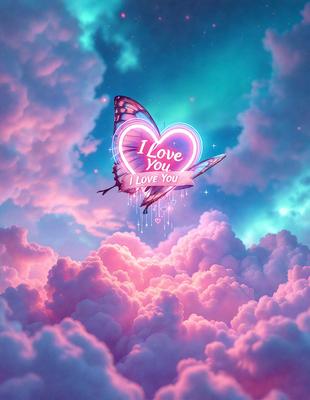 The primary subject of the image is a heart-shaped butterfly, which is the main object, scene, or focus of the image. The setting is a cloudy sky, with a pink and purple color scheme, creating a warm and romantic atmosphere. The visual style is digital art, as the butterfly is depicted in a digital manner. The colors and mood of the image are predominantly pink and purple, with a sense of love and affection.