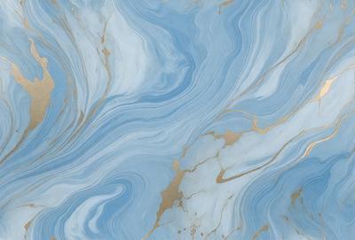 The primary subject of the image is a blue and gold marbled wallpaper. The setting is a room with a blue and gold marbled wallpapered wall. The visual style is a close-up of the wallpaper, showcasing its intricate design. The colors and mood of the image are predominantly blue and gold, creating a luxurious and elegant atmosphere.