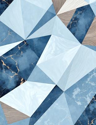 The primary subject of the image is a blue and white geometric pattern. The setting is a blue and white marble surface, which serves as the background. The visual style is a combination of digital art and illustration, creating a unique and intricate design. The dominant colors are blue and white, giving the image a calm and serene atmosphere.