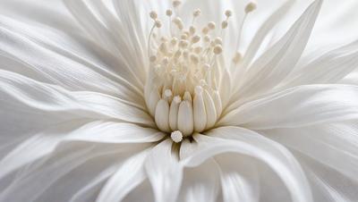 The primary subject of the image is a white flower with a large, round center. The flower is surrounded by a white background, giving it a clean and elegant appearance. The visual style of the image is a close-up of the flower, showcasing its details and texture. The colors and mood of the image are predominantly white, creating a serene and peaceful atmosphere.